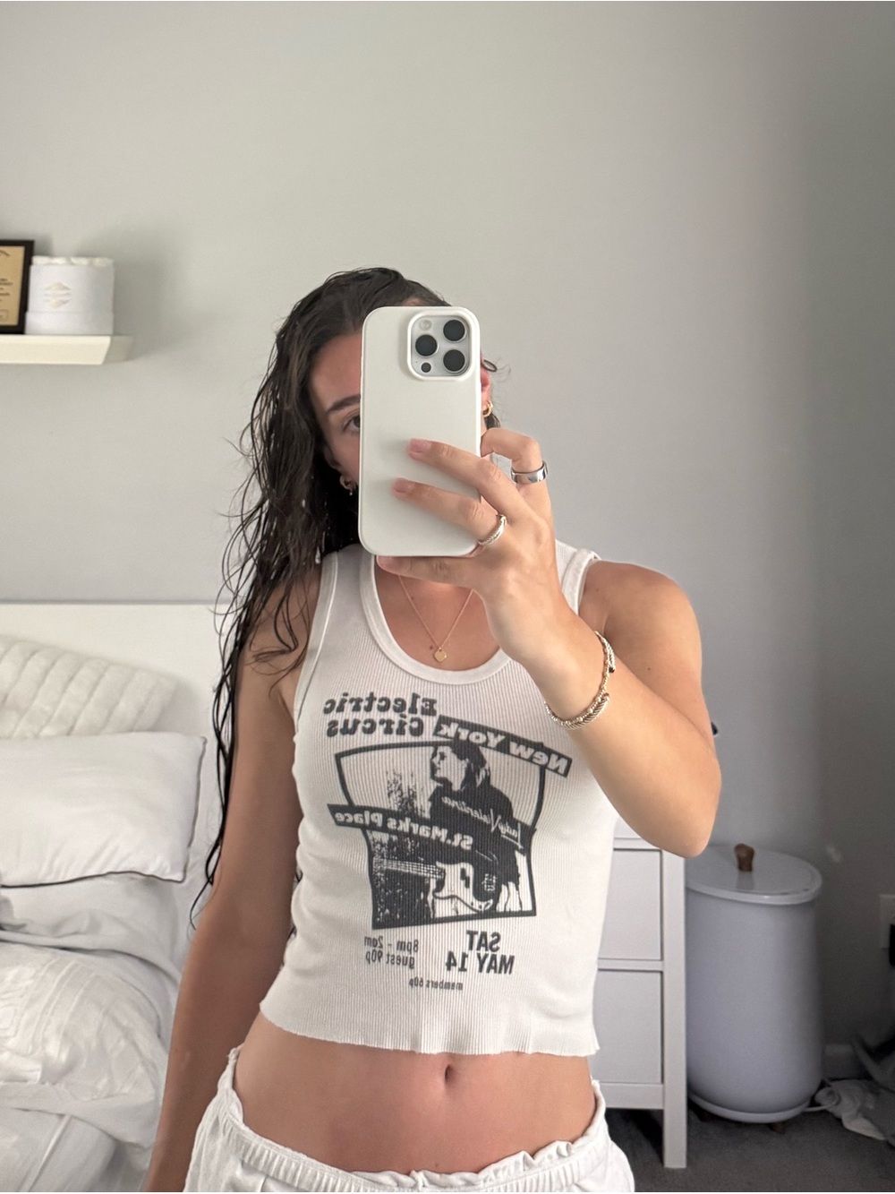 Brandy Melville White Ribbed Graphic Tank Top